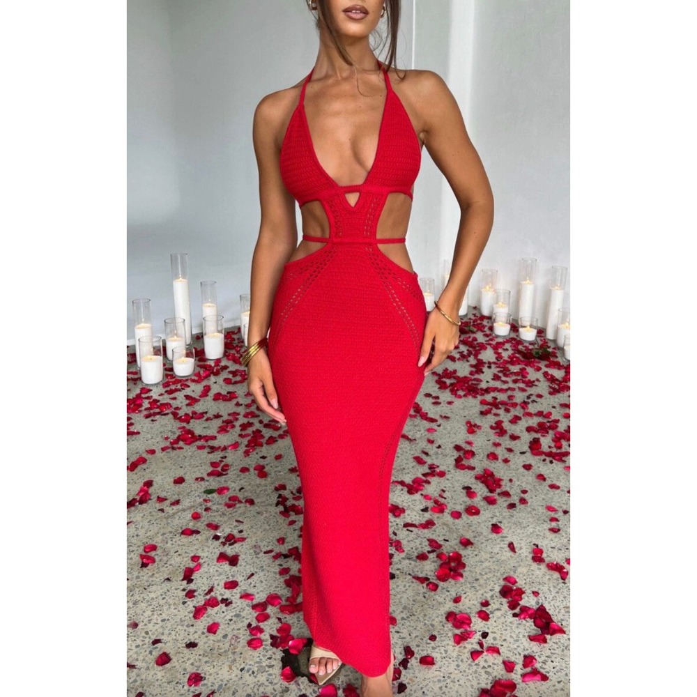BABYBOO Arabella Maxi Crochet‎ Knit Maxi Dress in Red